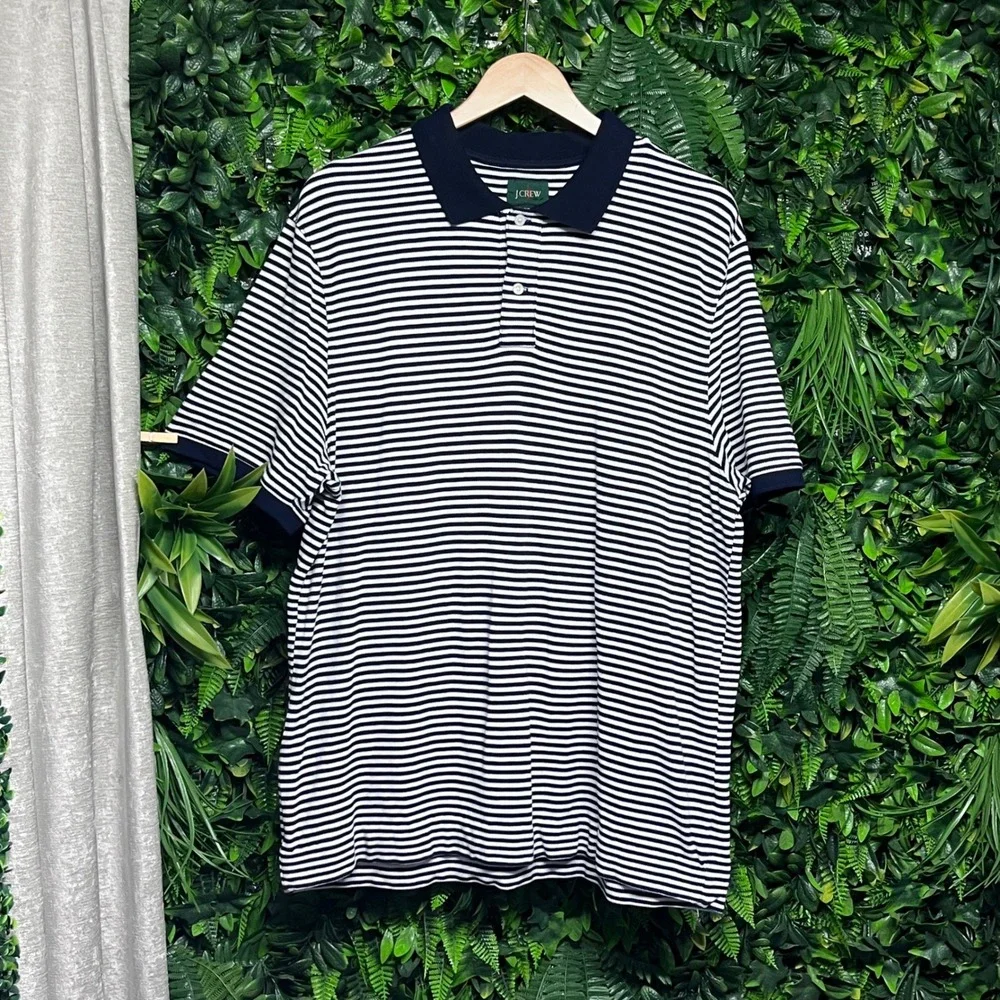 J‎ Crew Oarsman Men's Polo Shirt XL Navy White Striped Short Sleeve Casual 3246